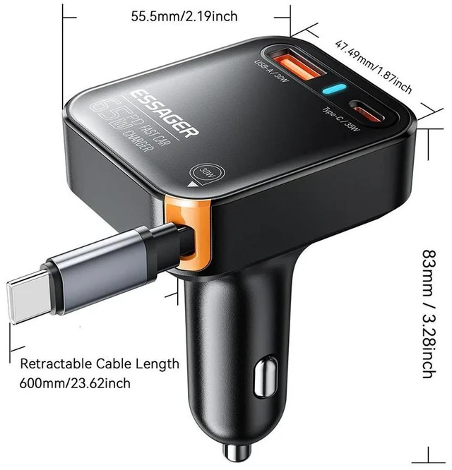 Alt view image 14 of 14 - Essager Yttrium 65W Car Charger with Retractable Type-C Cable, USB-C + USB-A 3-Port Fast Charging Adapter, PD Power Delivery for Car & Truck