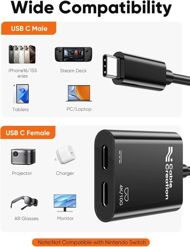 Alt view image 10 of 14 - CableCreation USB C to AR Glasses and Charging Adapter,Charge and Play,8K@60Hz 4K@144Hz, 100W Fast Charging Compatible with Steam Deck, Switch,ROG Ally,iPhone15/16 Viture/Rokid/Xreal AR