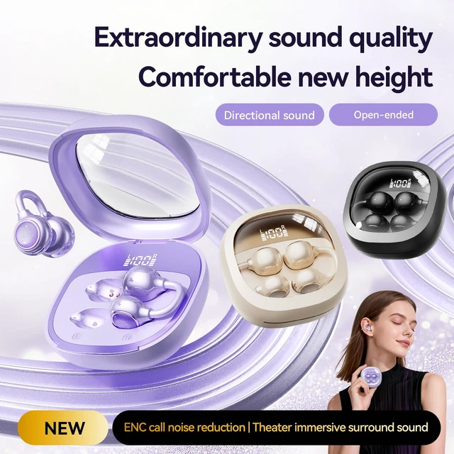 Alt view image 8 of 10 - M163 Clip-On Bluetooth Headset Open-Ear Digital Display, Bluetooth 6.0, Cross-Border Best Seller, Sports True Wireless Earbuds Purple