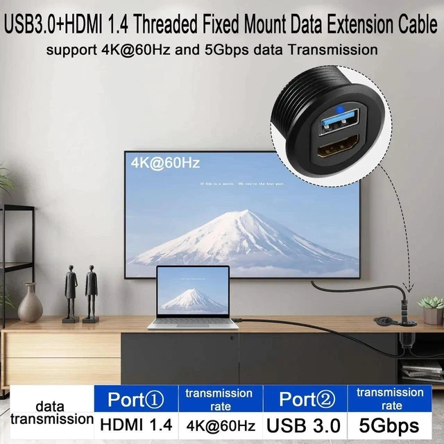 Alt view image 10 of 14 - USB3.0 & HDMI Embedded Car Waterproof Cable USB3.0+HDMI 1.4 Threaded Fixed Mount Data Extension Cable, LED Light, Aluminum Housing, for Dashboard Car Boat Motorbike, 2M/6.5ft