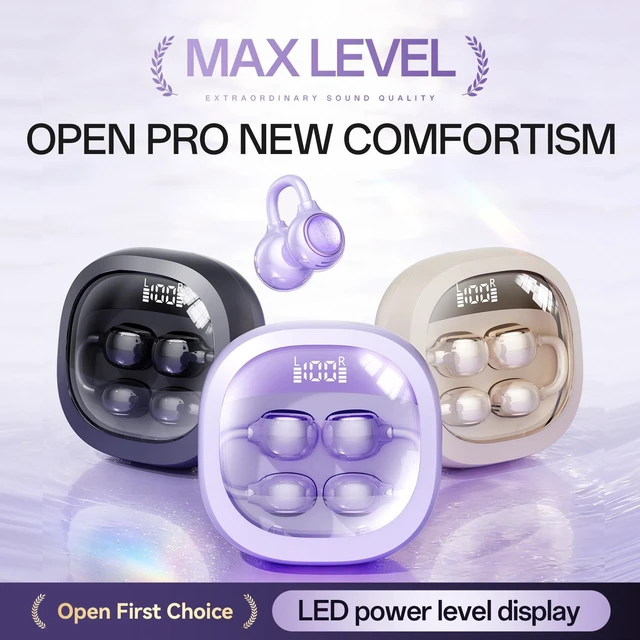 Alt view image 10 of 10 - M163 Clip-On Bluetooth Headset Open-Ear Digital Display, Bluetooth 6.0, Cross-Border Best Seller, Sports True Wireless Earbuds Purple