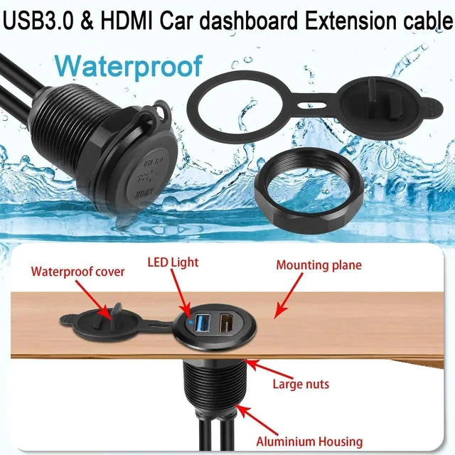 Alt view image 11 of 14 - USB3.0 & HDMI Embedded Car Waterproof Cable USB3.0+HDMI 1.4 Threaded Fixed Mount Data Extension Cable, LED Light, Aluminum Housing, for Dashboard Car Boat Motorbike, 2M/6.5ft