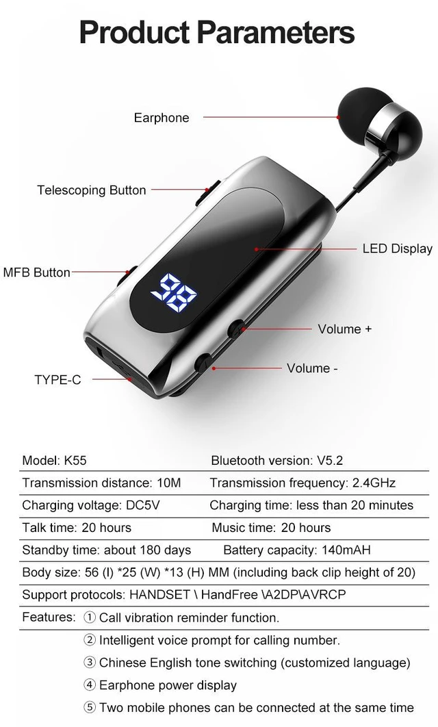 Alt view image 13 of 14 - K55 Clip-On Wireless Bluetooth Headset Digital Display, 15H Playtime, for Delivery, Sports, Business black