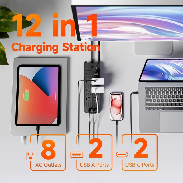Alt view image 9 of 10 - PC-22 US Power Strip, 8-Outlet Surge Protector with 4 USB Ports (2 USB-A + 2 Type-C PD), 1.5m Flat Plug Extension Cord Master Switch, Desktop Charging Station for Home Office Black