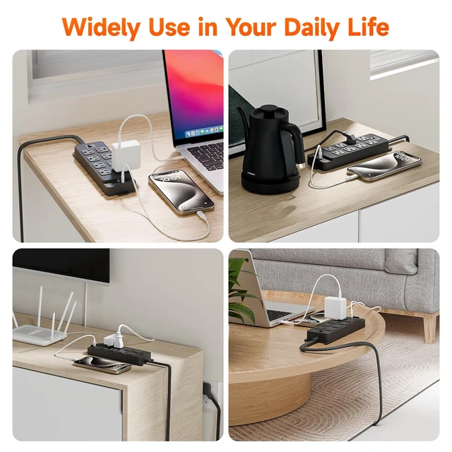 Alt view image 10 of 10 - PC-22 US Power Strip, 8-Outlet Surge Protector with 4 USB Ports (2 USB-A + 2 Type-C PD), 1.5m Flat Plug Extension Cord Master Switch, Desktop Charging Station for Home Office Black