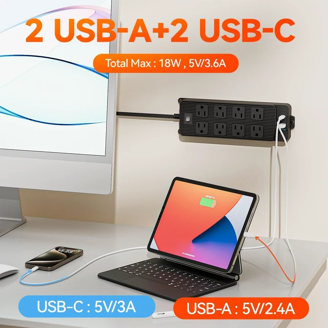 Alt view image 8 of 10 - PC-22 US Power Strip, 8-Outlet Surge Protector with 4 USB Ports (2 USB-A + 2 Type-C PD), 1.5m Flat Plug Extension Cord Master Switch, Desktop Charging Station for Home Office Black
