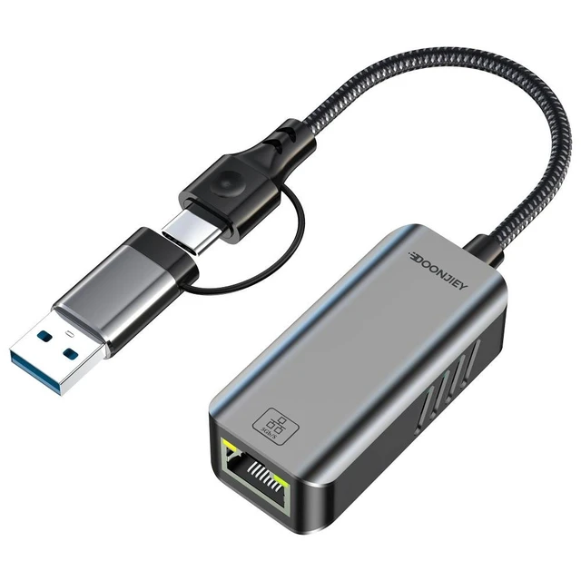 Alt view image 9 of 11 - 5Gbps USB/Type-C to Ethernet Adapter 2-in-1 USB-A + USB-C to RJ45 Gigabit LAN Network Card, 5000Mbps High-Speed Wired Internet Converter for MacBook/iPad/Android/Windows