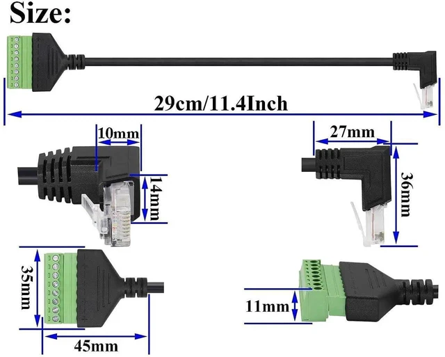 Alt view image 9 of 14 - 90 Degree Cat 5 Ethernet Screw Terminal Cable (Down Bend) RJ45 Male to 8-Pin Screw Terminal Extender 8P 8C Crystal to 8-Position Terminal Straight Through Network Extender(2 Pack/30cm/Down)