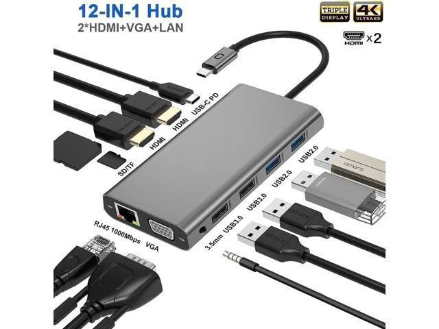 Alt view image 8 of 14 - USB C Type-C Hub Adapter Docking Station with 2 HDMI 4K VGA 1000Mbps Ethernet 100W PD Audio 12 in 1
