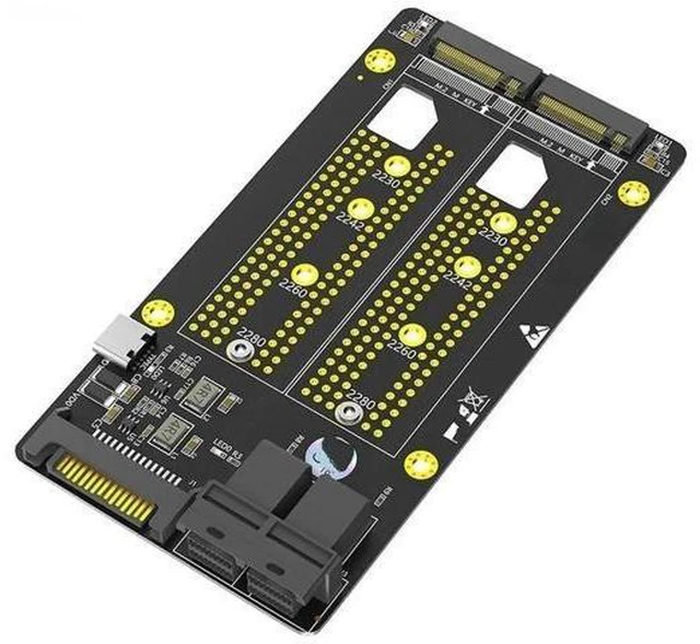 Alt view image 2 of 2 - FOR M2 SSD Adapter Dual M.2 NVME M Key to Dual SFF-8643 Riser Board with SATA Type C Power Supply Support 2230 2242 2260 2280 M2 SSD