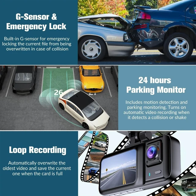 Alt view image 12 of 12 - 3-Lens 1080P Dash Cam Front, Rear & Cabin Full HD Video Recorder, Car DVR
