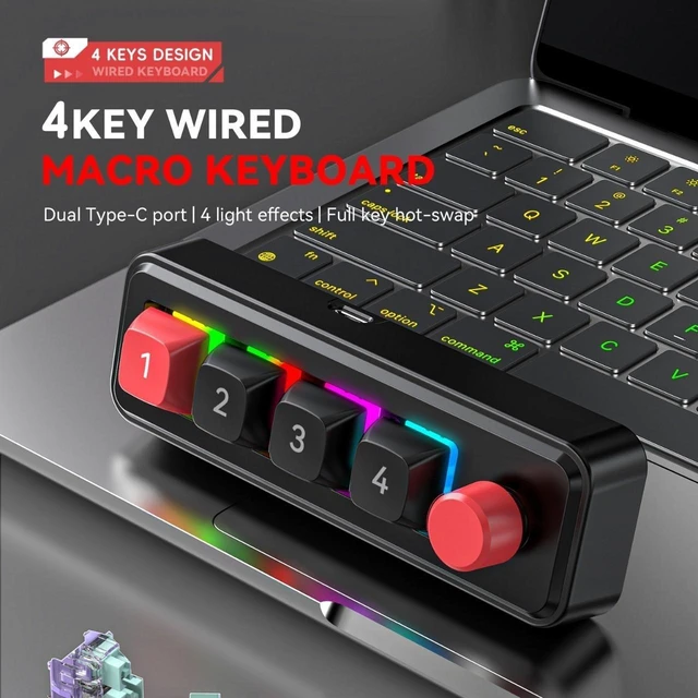 Alt view image 11 of 11 - 4-Key Macro Mechanical Keyboard Hot-Swappable, Programmable, RGB Lighting, Wired, for Gaming, Streaming, Productivity
