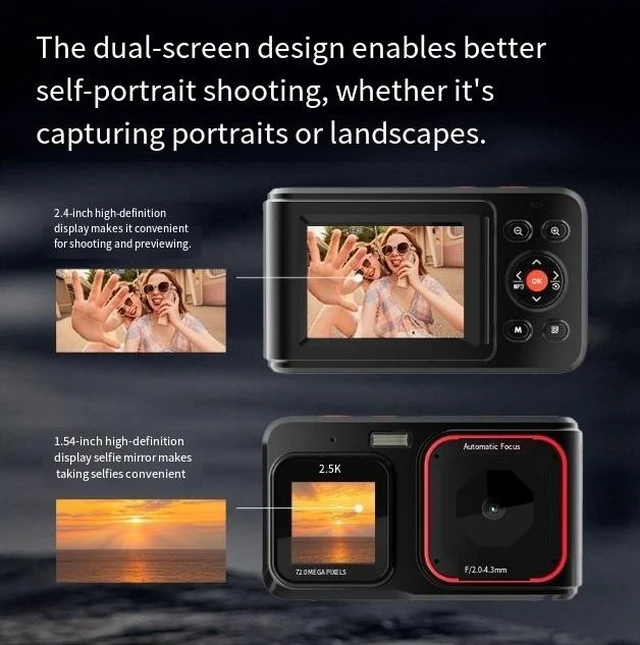 Alt view image 10 of 11 - Dual-Screen HD Digital Camera 2.4" + 1.54", 72MP, Autofocus, Portable Mini Card Camera, Home/Travel