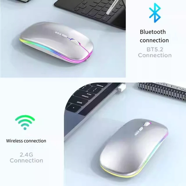 Alt view image 8 of 12 - Ultra-Slim Rechargeable Dual Mode Bluetooth Mouse Silent, LED Light, Battery Display for Tablet / Phone / PC Grey