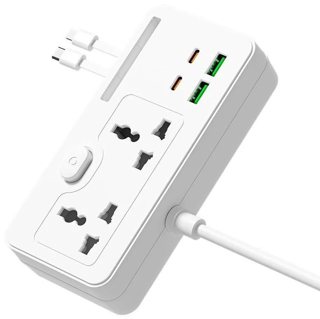 Alt view image 6 of 10 - US Universal Power Strip with Phone Stand, 3-Outlet Surge Protector with 2 USB-A + 1 Type-C Port Includes Dual Charging Cable, Child Safety Shutters 2m Cord for Home Office 10A/2500W