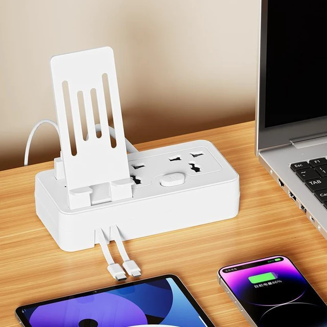 Alt view image 7 of 10 - US Universal Power Strip with Phone Stand, 3-Outlet Surge Protector with 2 USB-A + 1 Type-C Port Includes Dual Charging Cable, Child Safety Shutters 2m Cord for Home Office 10A/2500W