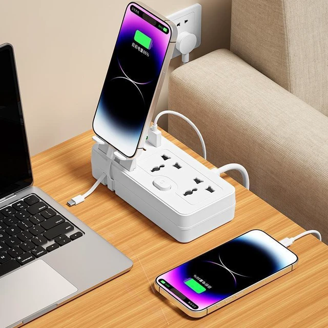 Alt view image 8 of 10 - US Universal Power Strip with Phone Stand, 3-Outlet Surge Protector with 2 USB-A + 1 Type-C Port Includes Dual Charging Cable, Child Safety Shutters 2m Cord for Home Office 10A/2500W