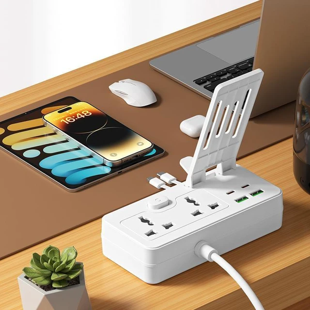 Alt view image 9 of 10 - US Universal Power Strip with Phone Stand, 3-Outlet Surge Protector with 2 USB-A + 1 Type-C Port Includes Dual Charging Cable, Child Safety Shutters 2m Cord for Home Office 10A/2500W