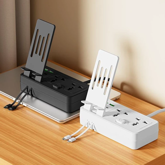 Alt view image 10 of 10 - US Universal Power Strip with Phone Stand, 3-Outlet Surge Protector with 2 USB-A + 1 Type-C Port Includes Dual Charging Cable, Child Safety Shutters 2m Cord for Home Office 10A/2500W