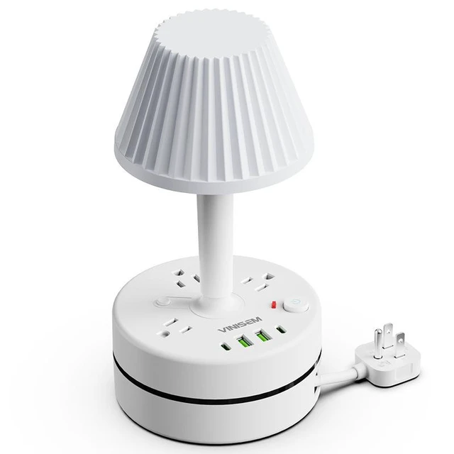 Alt view image 5 of 8 - US Retractable Bedside Lamp with Power Strip, 3-Outlet Surge Protector with 2 USB Ports (5V/2.1A) Eye-Care LED Reading Light, 2m Cord for Nightstand, Dorm, Home Office 1250W/10A