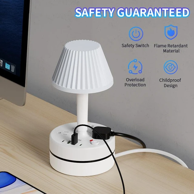Alt view image 6 of 8 - US Retractable Bedside Lamp with Power Strip, 3-Outlet Surge Protector with 2 USB Ports (5V/2.1A) Eye-Care LED Reading Light, 2m Cord for Nightstand, Dorm, Home Office 1250W/10A