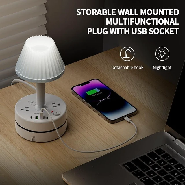 Alt view image 7 of 8 - US Retractable Bedside Lamp with Power Strip, 3-Outlet Surge Protector with 2 USB Ports (5V/2.1A) Eye-Care LED Reading Light, 2m Cord for Nightstand, Dorm, Home Office 1250W/10A