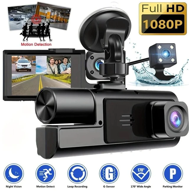 Alt view image 8 of 14 - Dual-Lens 1080P Dash Cam Front, Cabin & Rear Recording, Night Vision, Parking Monitor for Car Security Dual-lens without WiFi