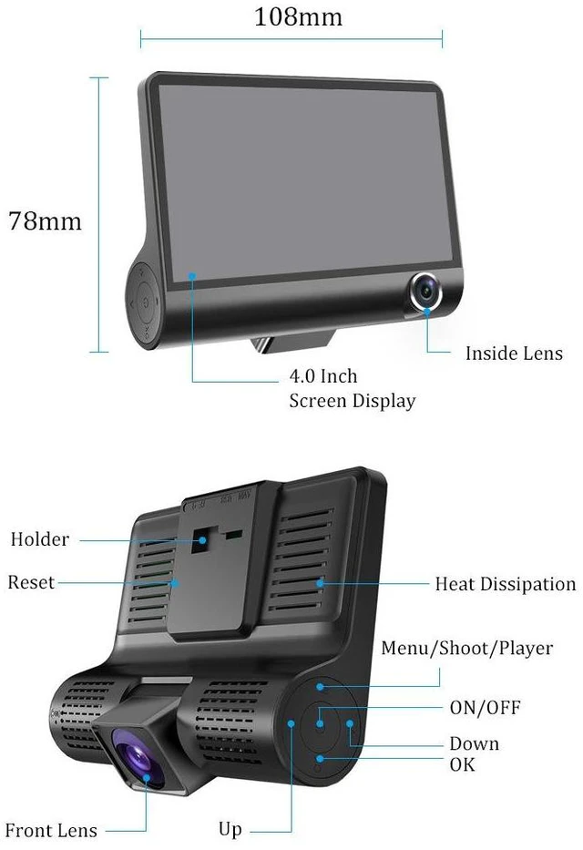 Alt view image 14 of 14 - 4-Inch Dash Cam 3-Camera Car DVR, Parking Monitor, Triple Lens Vehicle Video Recorder