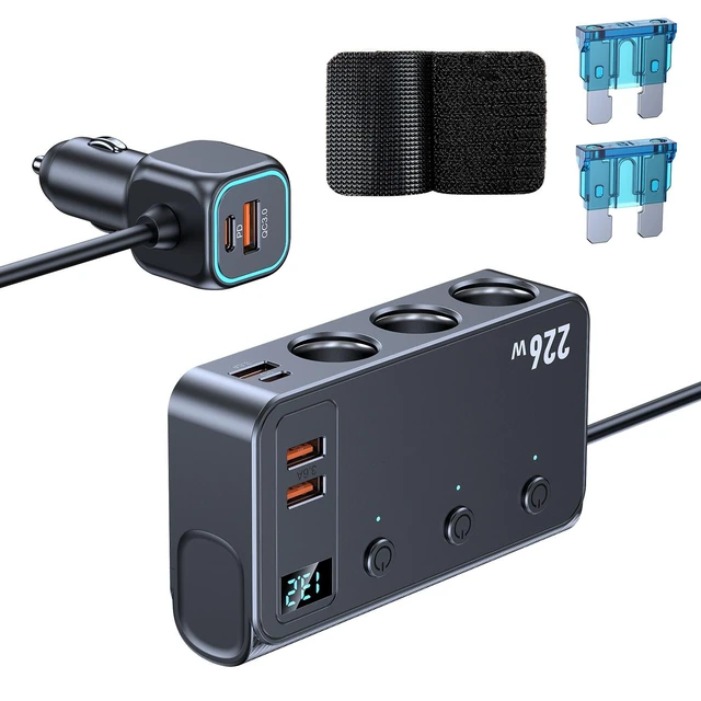 Alt view image 6 of 8 - C33 3-in-1 Cigarette Lighter Splitter, 226W Car Charger with PD45W + QC3.0 2 + 1 Detachable Fast Charging Handle, 1m Cable for Car Truck SUV Fast Charging for iPhone Samsung
