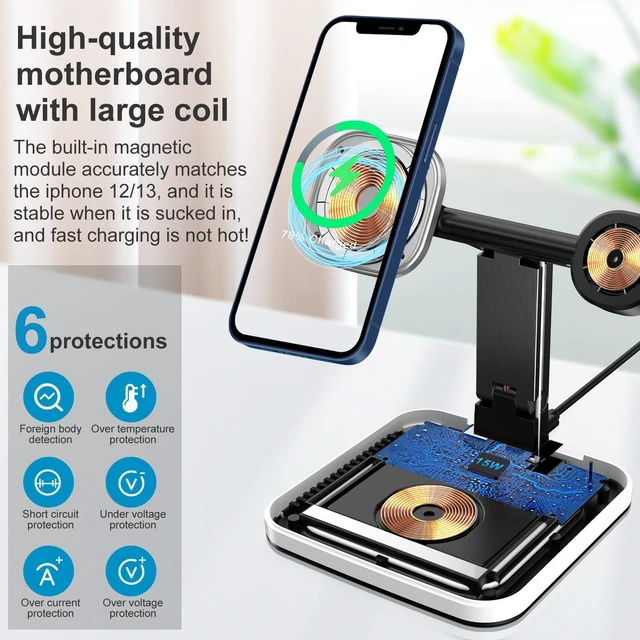 Alt view image 10 of 10 - 3-in-1 Magnetic Wireless Charging Station, 15W MagSafe Fast Charger for iPhone Apple Watch AirPods, Foldable Travel Charging Dock with USB-A Output Compatible with QI Devices for Home Office White