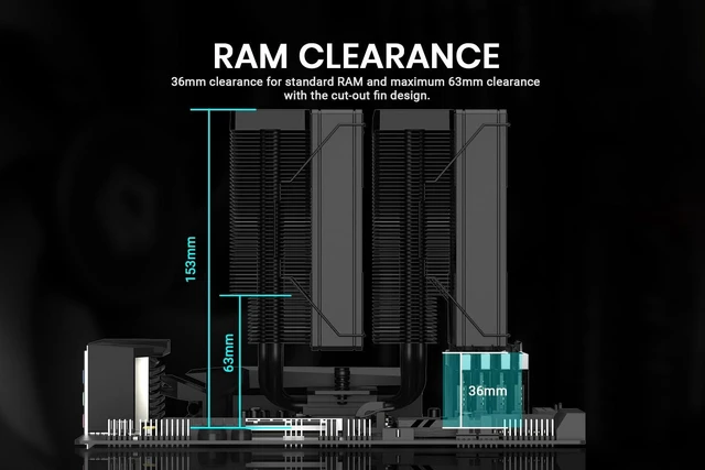 Alt view image 8 of 10 - ID-COOLING FROZN A620 Black - 6.1" Height Black Dual-Tower Air CPU Cooler, 6×6mm Heatpipes, Dual 120x120x25mm FDB Fans, TDP 270W, Intel LGA1700/1851/1200/115X; AMD AM4/AM5 (153mm in Height)