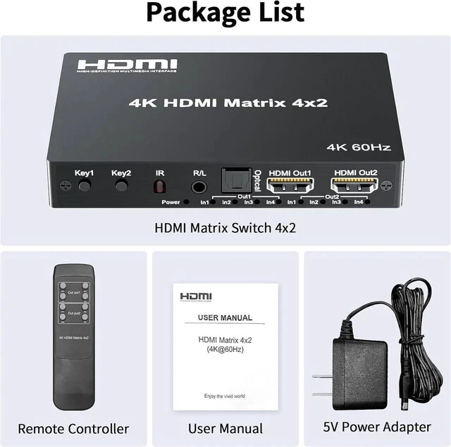Alt view image 10 of 14 - 4x2 HDMI Matrix, HDR 4K@60Hz 4 in 2 Out HDMI Switch Splitter with IR Remote, HDMI Matrix Switch + Optical Toslink + 3.5mm L/R Audio Output, Support UHD HDMI2.0, HDCP2.2, 18Gbps, EDID, Audio Extract