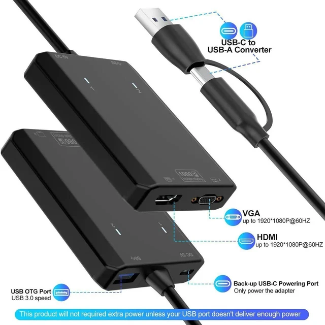 Alt view image 14 of 14 - USB to HDMI VGA Adapter 2X 1080P@60Hz Dual Monitor Extender 1 in 2 Out External Graphics Card Support Windows MacOS M1/M2 Systems, Built-in Driver, Simultaneously Output VGA+HDMI