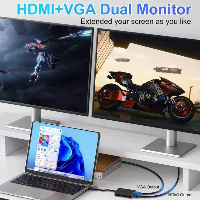 Alt view image 11 of 14 - USB to HDMI VGA Adapter 2X 1080P@60Hz Dual Monitor Extender 1 in 2 Out External Graphics Card Support Windows MacOS M1/M2 Systems, Built-in Driver, Simultaneously Output VGA+HDMI