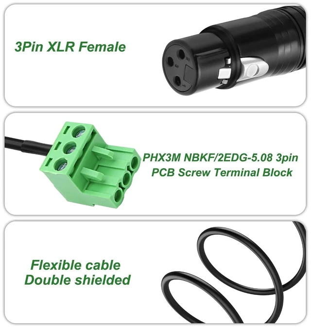 Alt view image 10 of 14 - XLR to 3-pin Phoenix Cable XLR 3P Female to PHX3M NBKF/2EDG-5.08 3pin PCB Screw Terminal Block Adapter Connector Cord for Speakers -0.4M/1.3FT