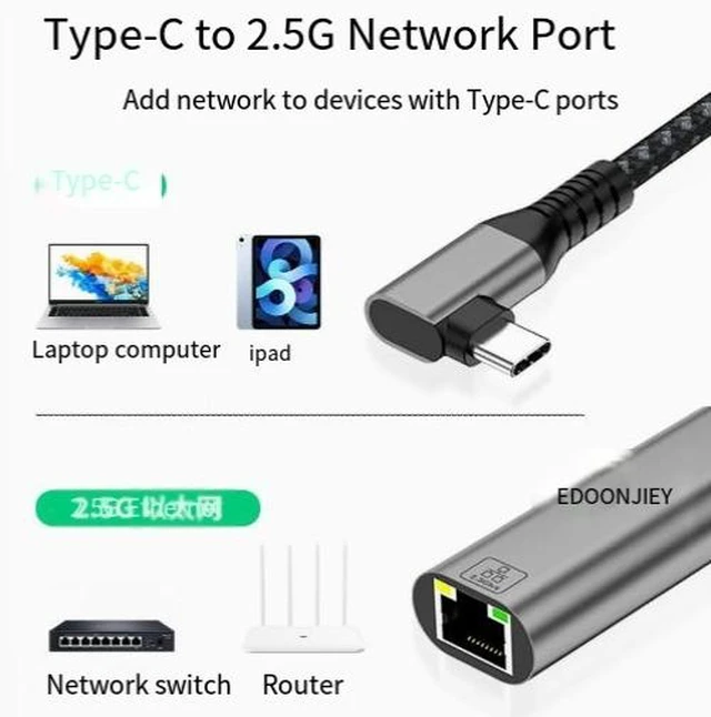 Alt view image 6 of 8 - Right Angle Type-C to Ethernet Adapter USB-C to RJ45 2.5G/10G Gigabit Network Card, 3-Port USB 3.0 Hub, Plug-and-Play External LAN Converter for Laptop/PC/MacBook, Aluminum Alloy