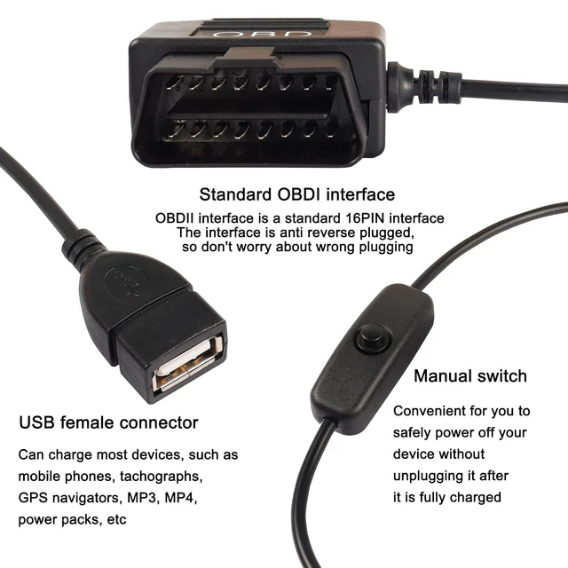 Alt view image 10 of 14 - OBD to USB Power Cable Adapter 16Pin OBD2 Male to 5V 2A USB Female Connector 12V 24V 36V to 5V 2A with Switch Button for Dash Camera Phone Car GPS DVR-0.5M/1.6FT