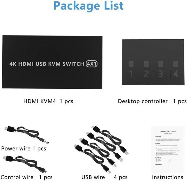 Alt view image 10 of 14 - HDMI KVM Switch 4 Port HDMI,4 in 1 Out KVM Switch 4 Computers Share Keyboard Mouse Printer Monitor Support HUD 4K@60Hz for Laptop,PC,Xbox HDTV, with 4* USB Cable,1* Switch Button&Cable,1* Power Cable