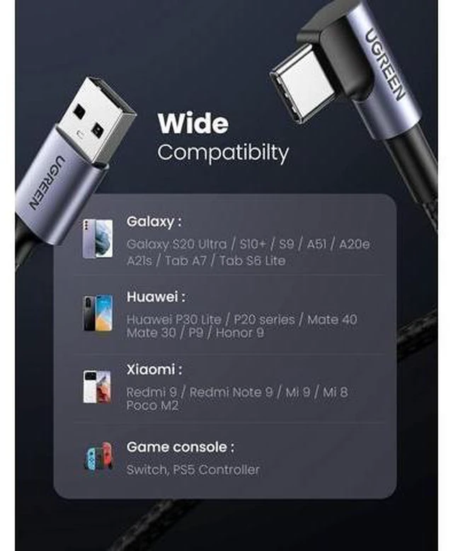 Alt view image 14 of 14 - UGREEN USB C Cable Right Angle 90 Degree Nylon Braided USB Type C Cable Fast Charging Cord for PS5 Controller,Samsung Galaxy S10 Plus, Note 9, S9 Plus, S8, A8 2018, A5 2017, Google Pixel 4 XL(6ft)