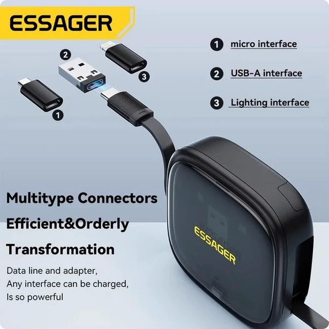 Alt view image 10 of 14 - Essager 60W USB-C to USB-C Retractable Cable with Micro USB & Lightning Adapters, PD Fast Charging Cord with Storage Box, Multi-Function Data Transfer & SIM Card Holder Kit white