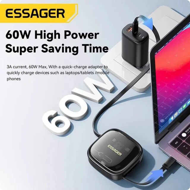 Alt view image 11 of 14 - Essager 60W USB-C to USB-C Retractable Cable with Micro USB & Lightning Adapters, PD Fast Charging Cord with Storage Box, Multi-Function Data Transfer & SIM Card Holder Kit white