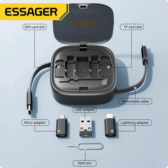 Alt view image 9 of 14 - Essager 60W USB-C to USB-C Retractable Cable with Micro USB & Lightning Adapters, PD Fast Charging Cord with Storage Box, Multi-Function Data Transfer & SIM Card Holder Kit white