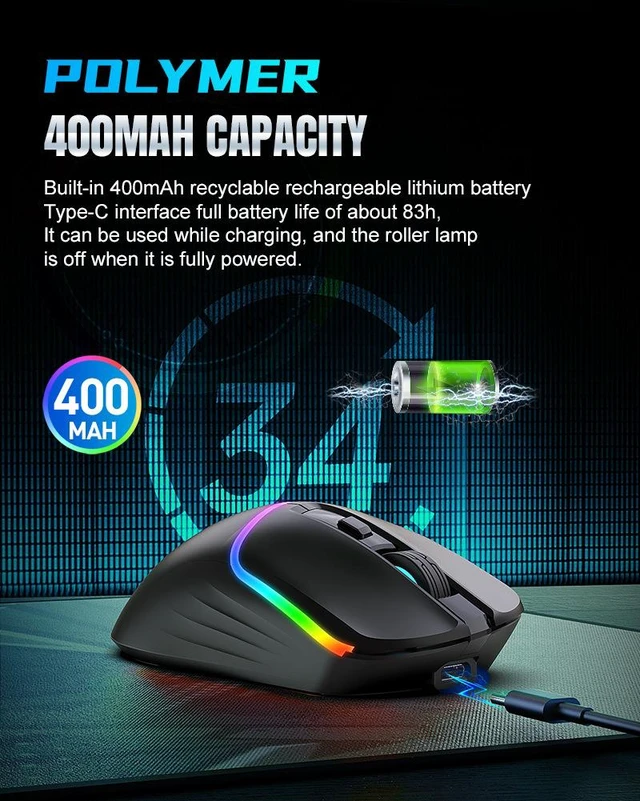 Alt view image 11 of 12 - M96 Triple-Mode Gaming Mouse Wired + 2.4G + Bluetooth 5.1, RGB, 7200 DPI, 400mAh Battery, for PC/Laptop/Mac Black