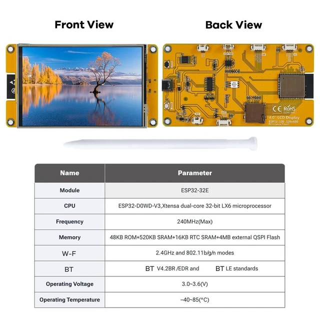 Alt view image 7 of 10 - Hosyond 4.0'' 320x480 Touch Screen with ESP32-32E ESP32 Display with WiFi+BT, ST7796S Driver LCD TFT Screen Module for Arduino IoT