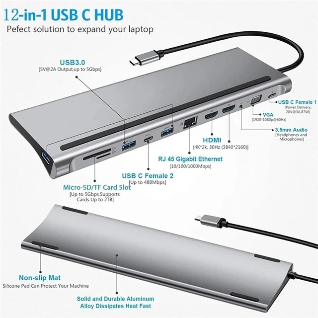Alt view image 12 of 12 - ZZABC USBFXQKCQ 12 in 1 USB C Hub Laptop Docking Station Type-C to Dual HDMI-Compatible/VGA/USB 3.0 Hub/PD/RJ/Micro-SD/TF Card Dock Adapter