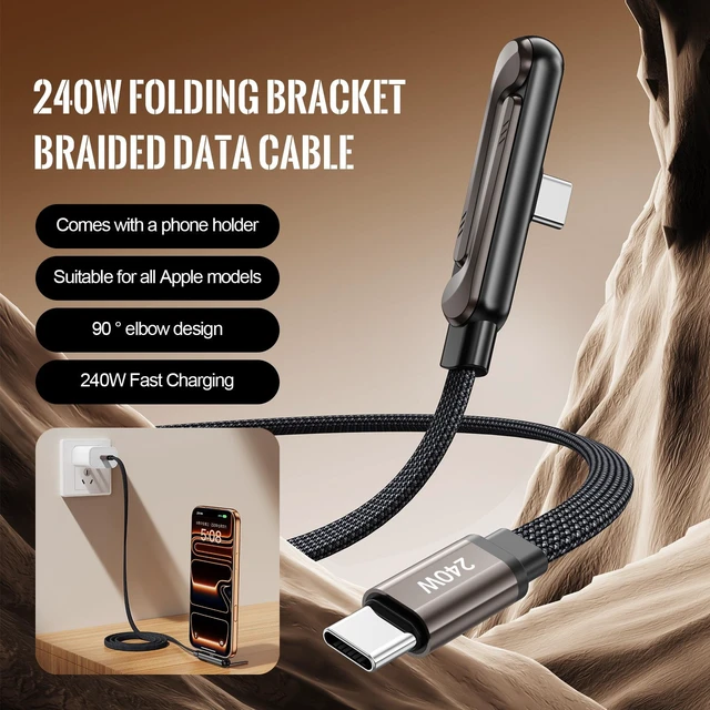 Alt view image 8 of 10 - 240W Braided Phone Stand Charging Cable 1.5M, Type-C to Type-C, Right Angle Gaming Cord, Integrated Phone Holder, Fast Charging for iPhone Samsung iPad Alloy + TPE