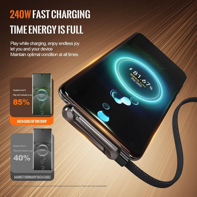Alt view image 10 of 10 - 240W Braided Phone Stand Charging Cable 1.5M, Type-C to Type-C, Right Angle Gaming Cord, Integrated Phone Holder, Fast Charging for iPhone Samsung iPad Alloy + TPE