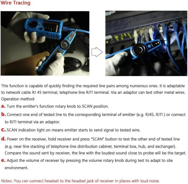 Alt view image 10 of 14 - 1PCS RJ11 RJ45 Cat5 Cat6 Telephone Wire Tracker Tracer Toner Ethernet LAN Network Cable Tester Detector Line Finder