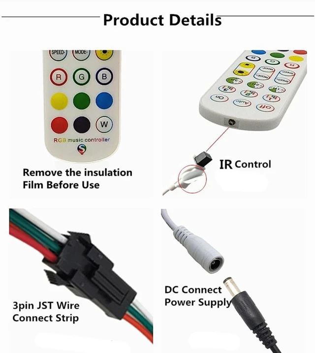 Alt view image 9 of 9 - DC5-24V LED Pixel Controller 24key IR Remote Smart Bluetooth APP Controller For WS2812B WS2811 WS2812 LED Strip Light Module