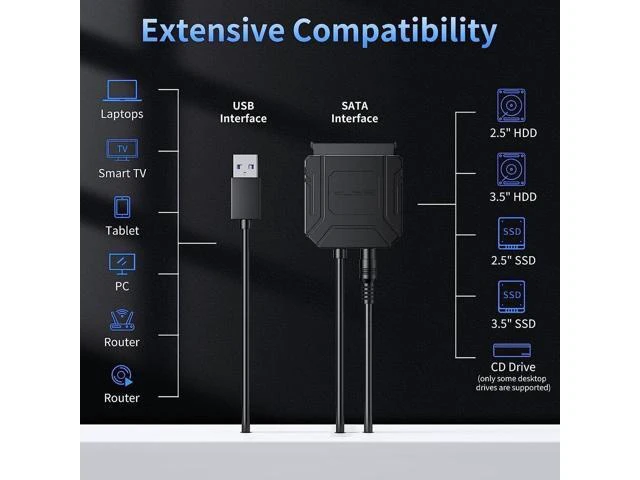 Alt view image 10 of 14 - SATA III to USB 3.0 Adapter, USB to SATA Adapter Cable for 2.5"/3.5" HDD/SSD SATA I/II/III Hard Drive Adapter, Support UASP, with External Power Supply 12V 2A